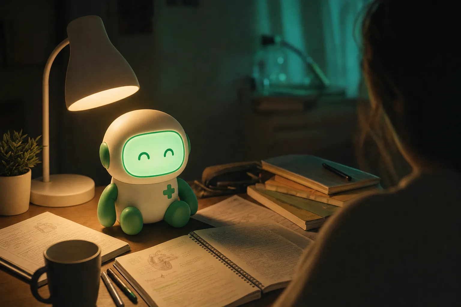 Mesa de estudo à noite: caderno aberto com anotações de anatomia, livros empilhados, caneca e o mascote do ArchiMeds iluminado pela luminária